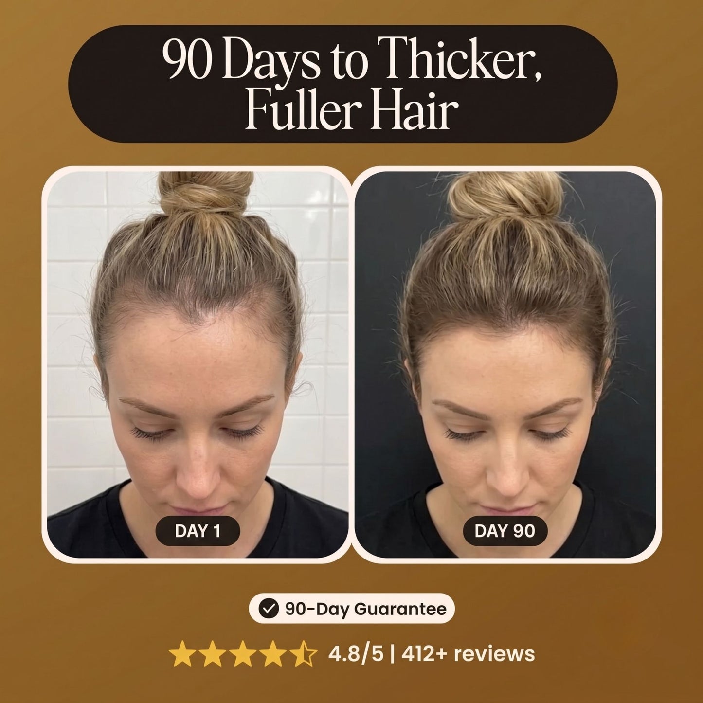 Promotional graphic for a hair growth or thickening product, showing a before-and-after comparison of a woman's hair after 90 days. The top text reads '90 Days to Thicker, Fuller Hair' on a brown background with a review count of 412+ and a 90-day guarantee badge.