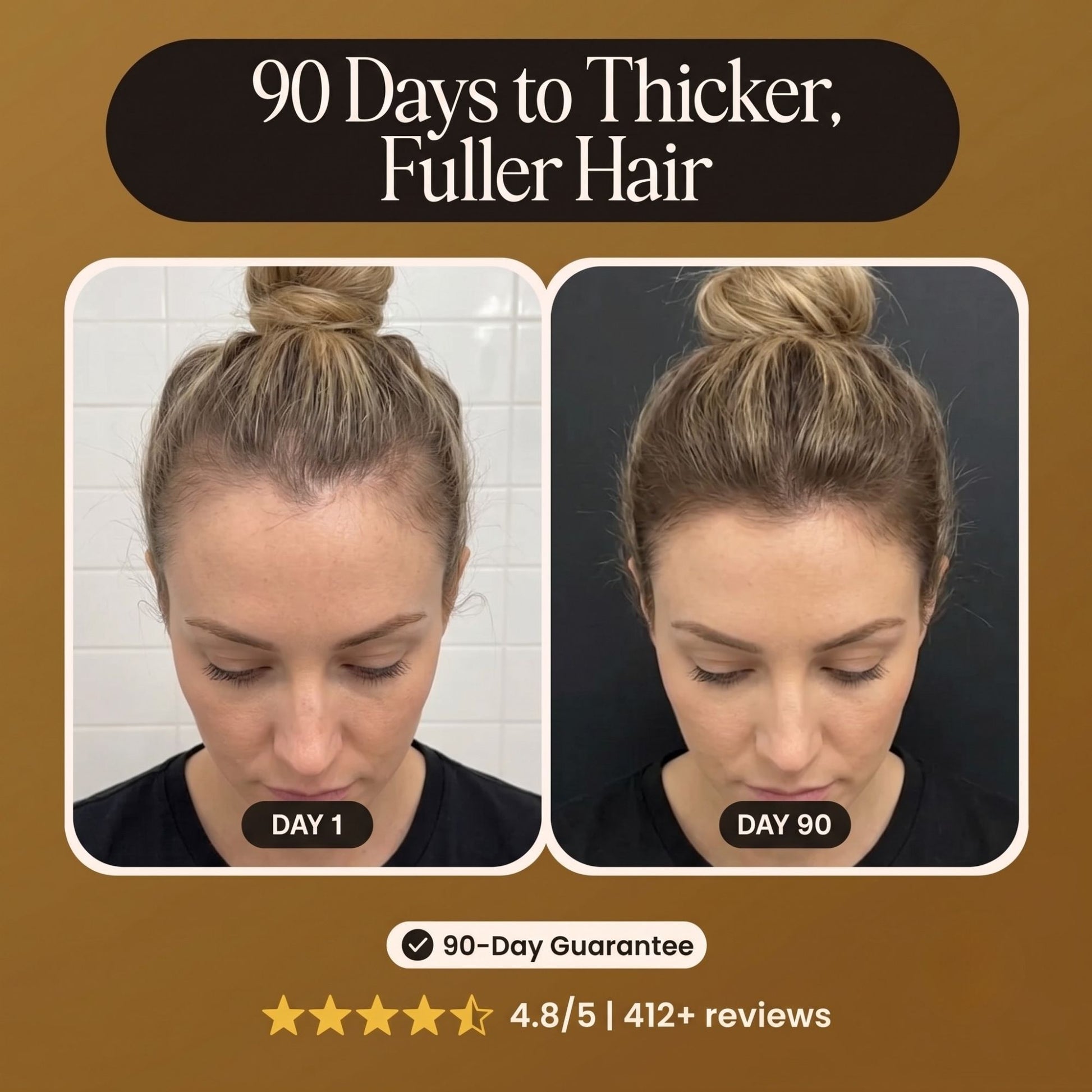 Promotional graphic for a hair growth or thickening product, showing a before-and-after comparison of a woman's hair after 90 days. The top text reads '90 Days to Thicker, Fuller Hair' on a brown background with a review count of 412+ and a 90-day guarantee badge.