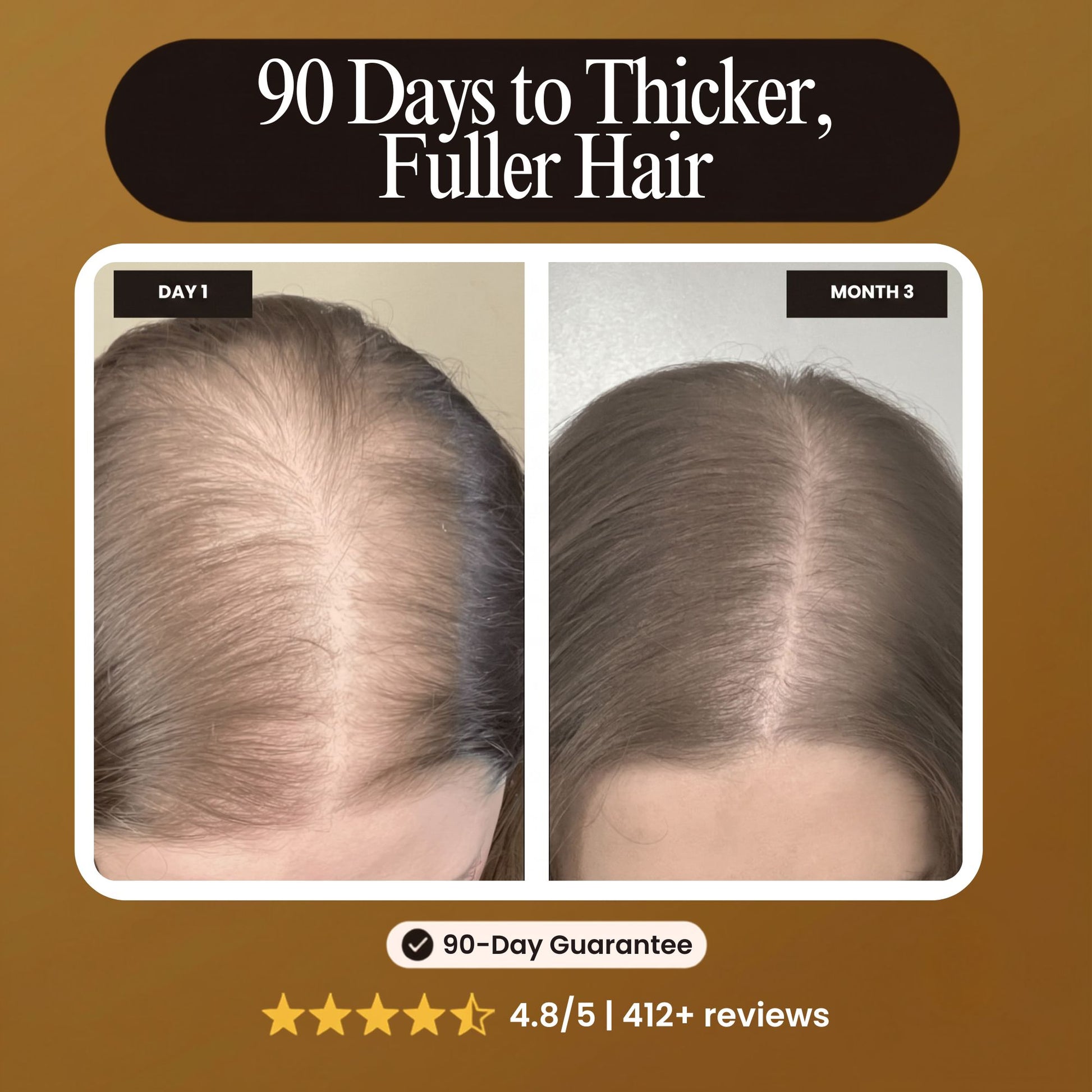 Promotional graphic for a hair growth or thickening product, showing a side-by-side comparison of a man's scalp with thinning hair labeled 'DAY 1' and fuller hair labeled 'MONTH 3'. Large text at the top reads '90 Days to Thicker, Fuller Hair' on a brown background with a 90-day guarantee badge and review stars at the bottom.