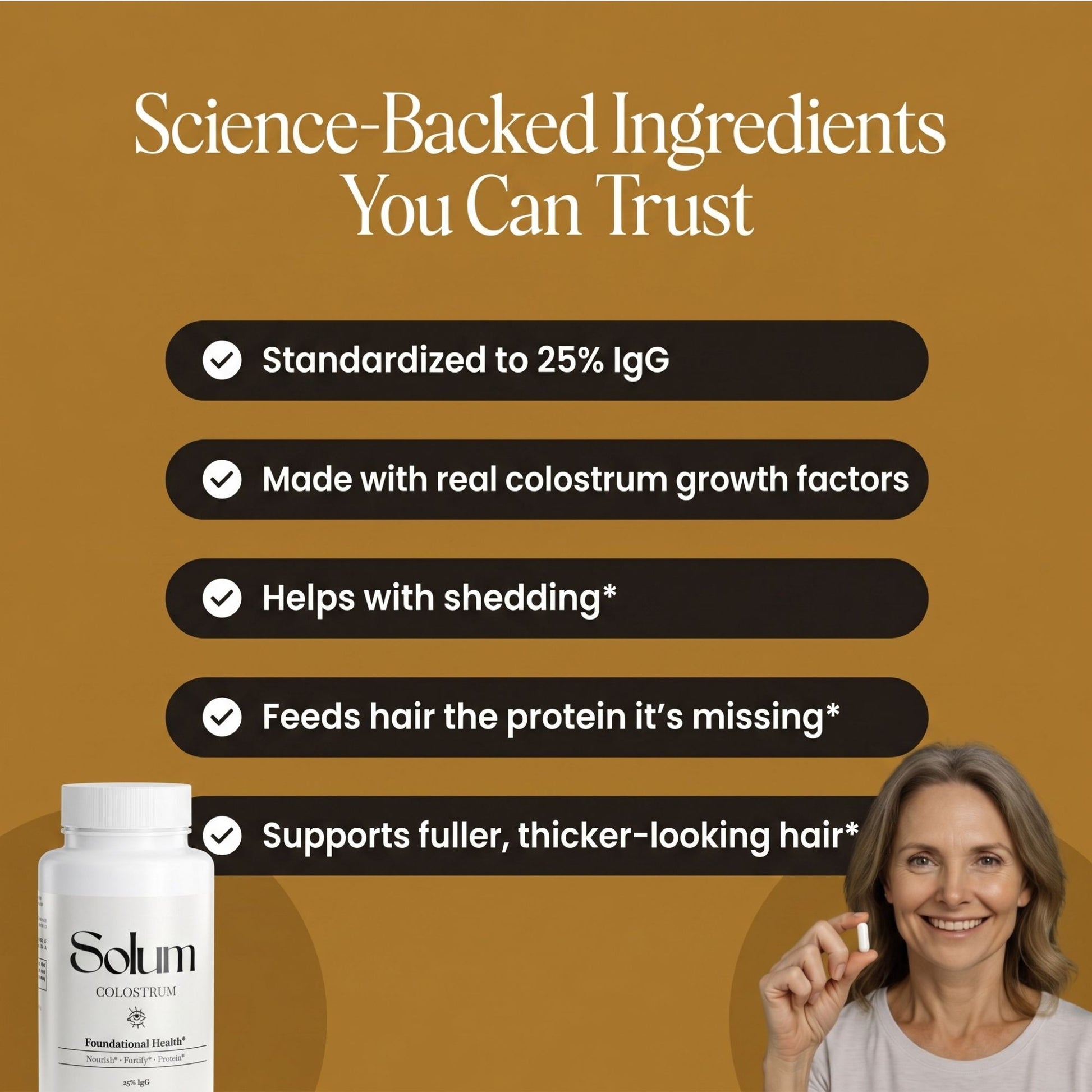 Promotional graphic for Solum Colostrum hair supplement on a warm brown background, with text highlighting science-backed ingredients, a bottle of the white supplement at lower left, and a smiling woman at lower right holding a capsule.