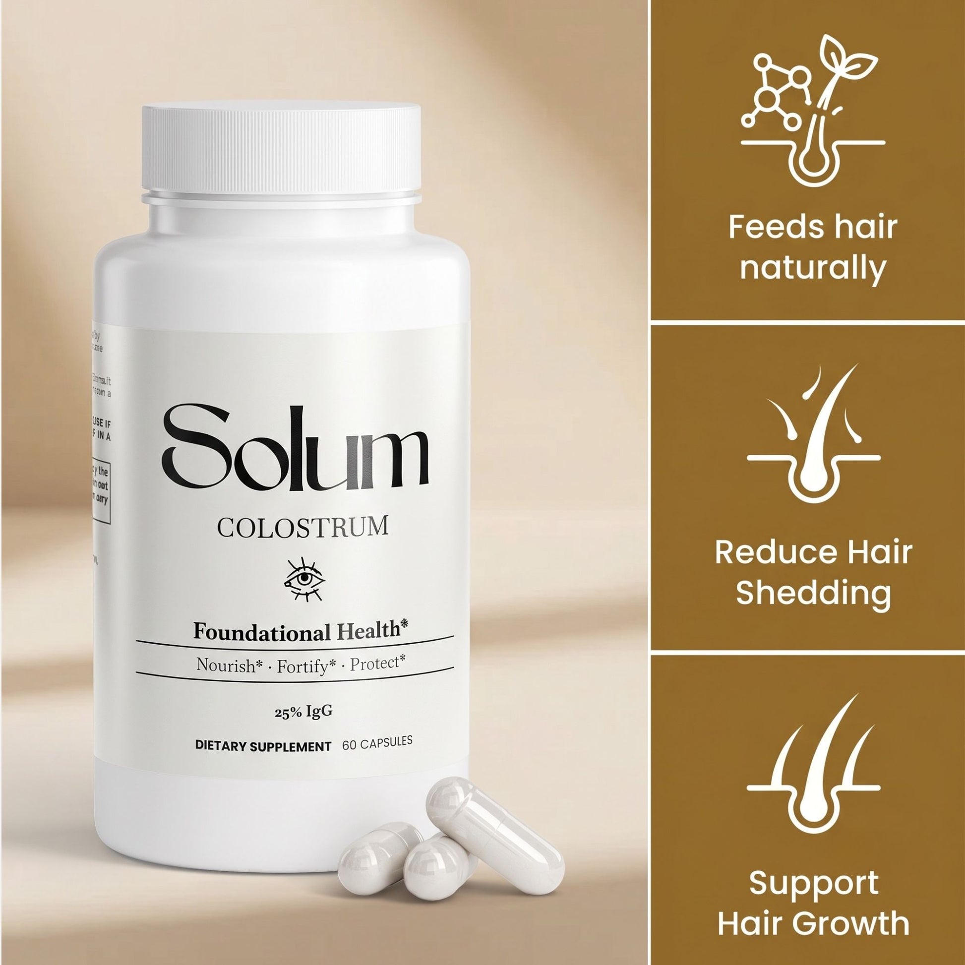 A white bottle of Solum Colostrum dietary supplement with three capsules in front, shown on a beige background next to three brown informational panels highlighting hair benefits.